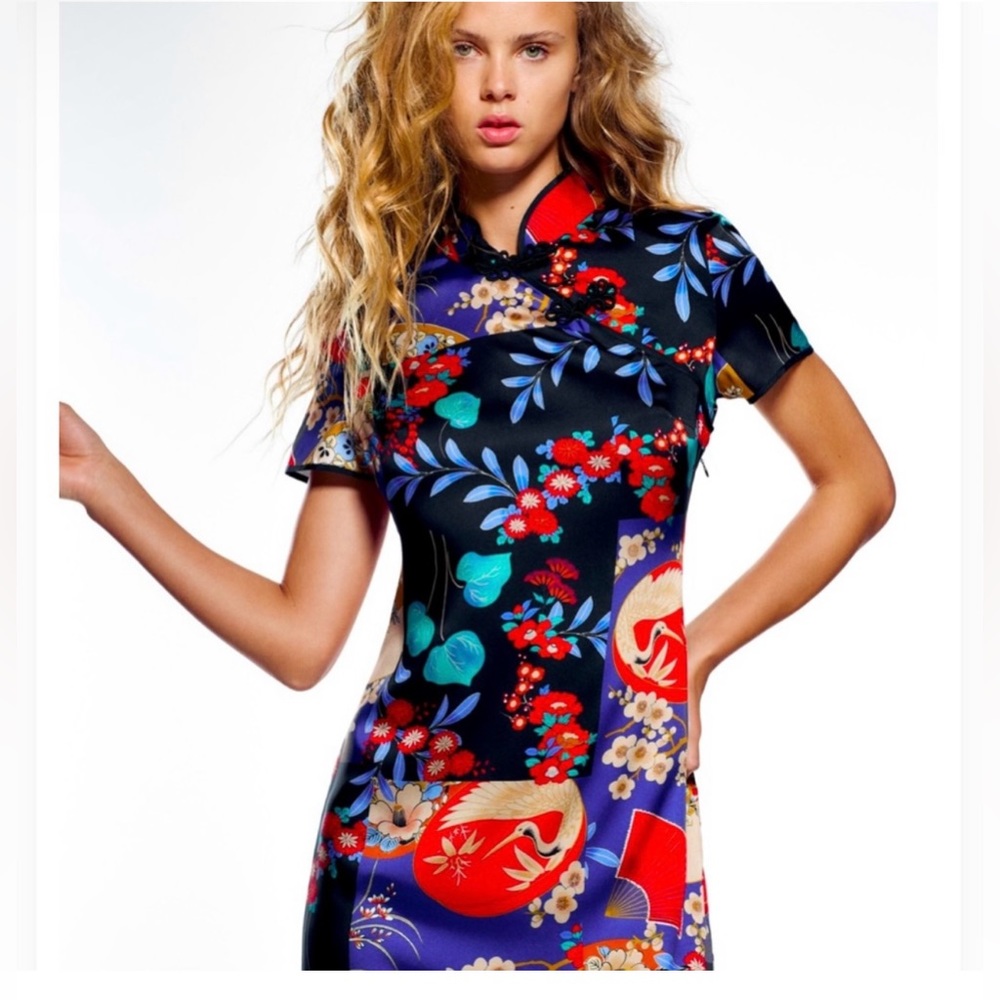 NWT Zara Multicolored Chinese Traditional Frog Button Satin Dress